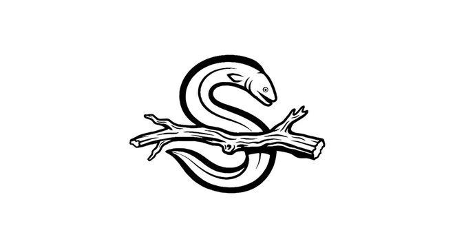 Black and white snake coiled on branch illustration.