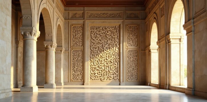 Calligraphy and Arabic script adorn the walls of the mosque in elegant cursive, archways, arabic script, ornate details
