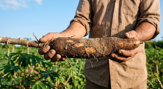 Close up of farmer hands holding freshly harvested organic cassava root with soil in agricultural field