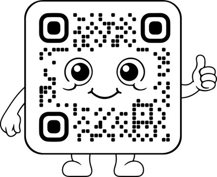 Cute cartoon QR code mascot character giving a thumbs up gesture black and white line art