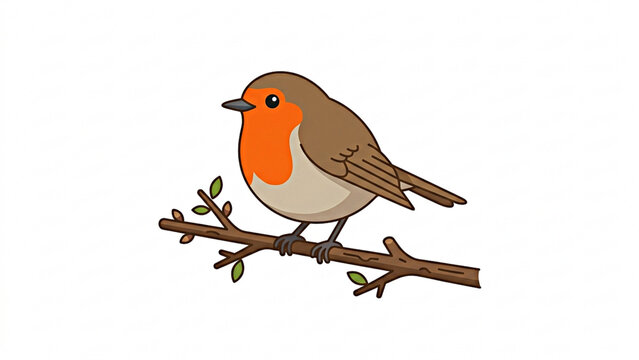 Cute little robin bird perched on twig flat vector illustration on white background
