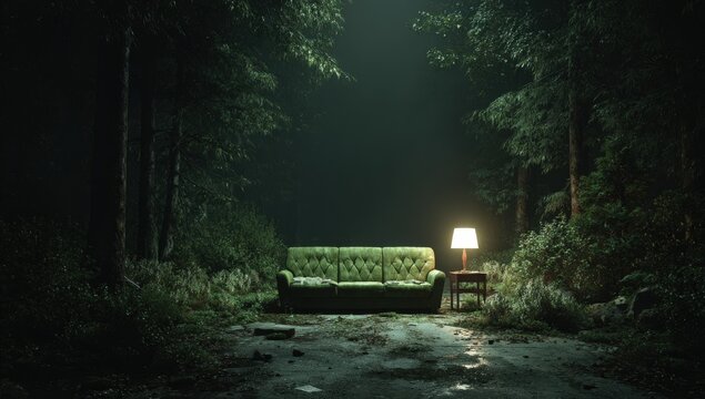 Green vintage sofa placed in a dark forest clearing illuminated by a standing lamp beside a small wooden table surrounded by dense trees and underbrush