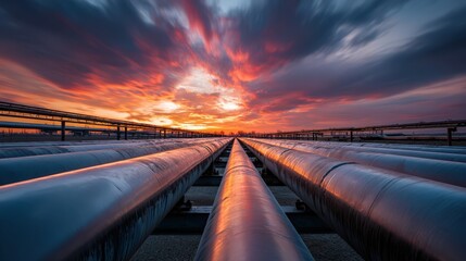 Obraz premium Industrial pipeline system extending towards the horizon under a dramatic sunset sky with vibrant colors and clouds reflecting on the metallic surface of the pipes