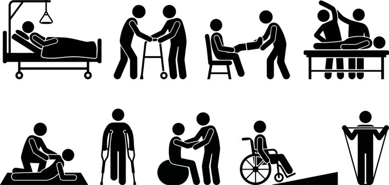 Physical therapy and rehabilitation icons set