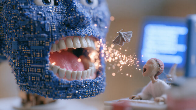 Mosaic robot erupting with sparks captures machine laughter and AI communication art