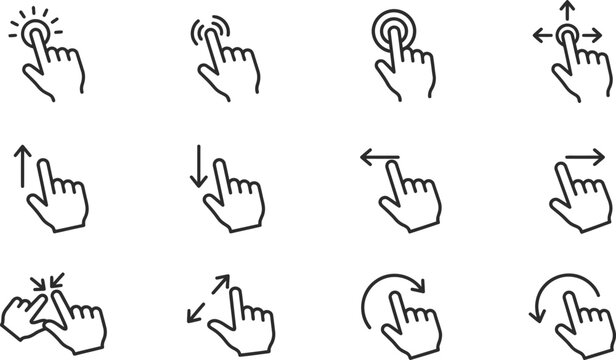 Set of black touch screen hand gesture icons isolated on transparent background, mobile interaction.