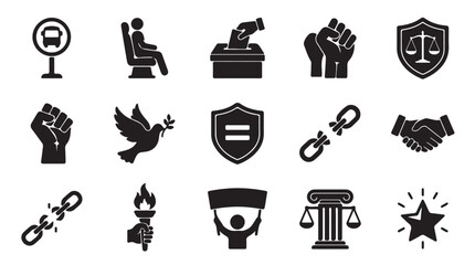 Justice, law, and freedom icons, 16 black vector symbols, equality and rights concepts © Rafiq