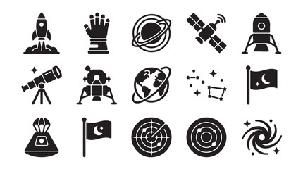 Fototapeta premium Space icons, astronomy symbols, rocket and planet graphics, 12 black vector icons