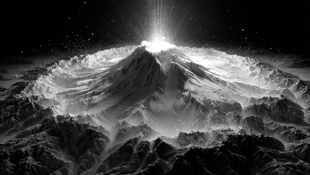 Black and white illustration of a volcanic mountain erupting with ash and smoke rising into the air, showcasing detailed textures of the rocky landscape