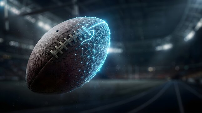 American football ball with glowing wireframe hologram in stadium