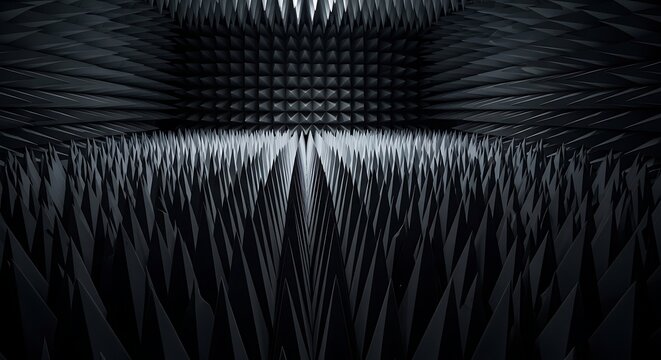 Anechoic chamber with dark electromagnetic radiation absorbing foam spikes for RF testing.