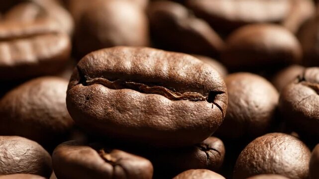 Close up macro texture of roasted coffee beans.