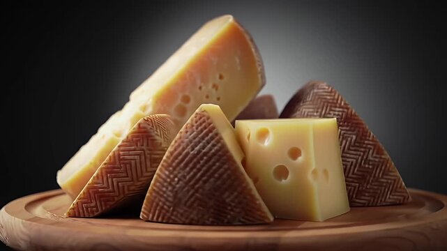 Various aged cheeses on wooden cutting board.