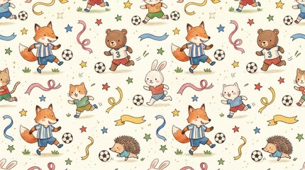 Fototapeta premium Adorable foxes, bears, cats, rabbits, and hedgehogs play soccer happily on a festive pattern