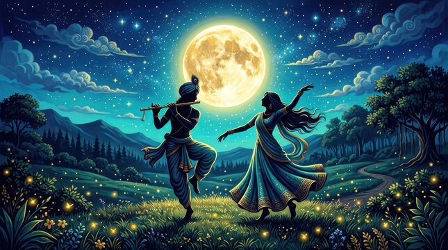 Lord krishna and radha dancing under the full moon in a magical night forest
