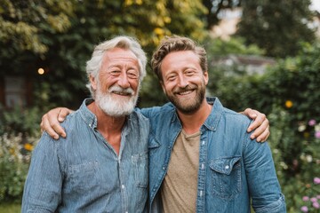 Fototapeta premium Elderly Caucasian man with gray beard and younger man with light brown hair smile together outdoors in a garden surrounded by greenery and colorful flowers