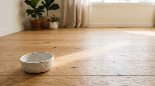 Cat food pet organic treats feeding natural ceramic bowl near window plant home interior floor light wood. Nourishment care healthy. eat ingredient meal snack, canino felino