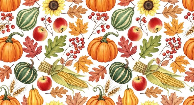 Autumn harvest seasonal fruit vegetable pattern.