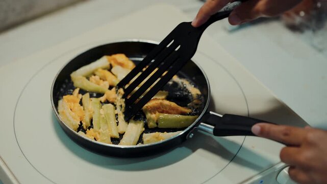 Stir Frying Celery with Scrambled Eggs in a Frying Pan, Healthy Home Cooking in 4K