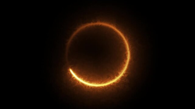 Glowing golden fire circle neon picture frame with two tone round neon color shade motion graphic animation black background. 4K footage video effect

