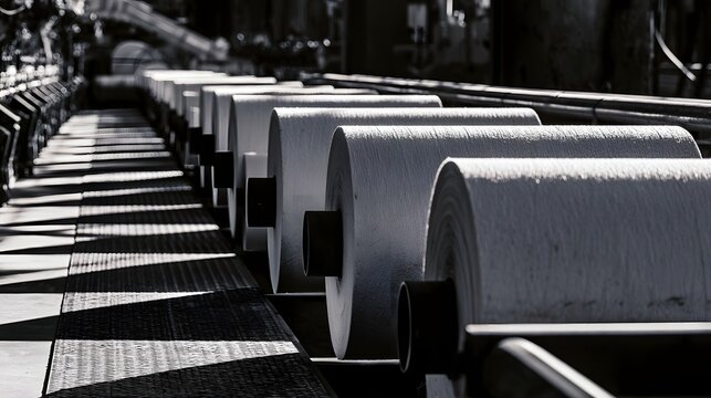 A productive production line emphasizes rhythmic repetition and textured patterns through long dramatic shadows