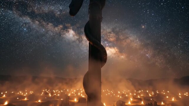 Biblical Brazen Serpent on a Pole in a Desert Camp Under the Milky Way