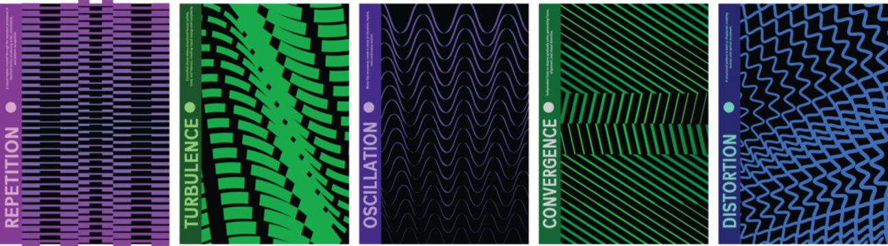 Abstract geometric vector poster set with halftone grid and optical illusion patterns, Shape distortion and linear gradients with transition effect, dynamic graphic for banner and wall art, kit 3