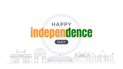 Fototapeta premium Happy India Independence Day banner with famous national monuments silhouettes.