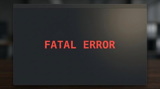 Fatal error message text displayed on a dark computer monitor screen in a room.