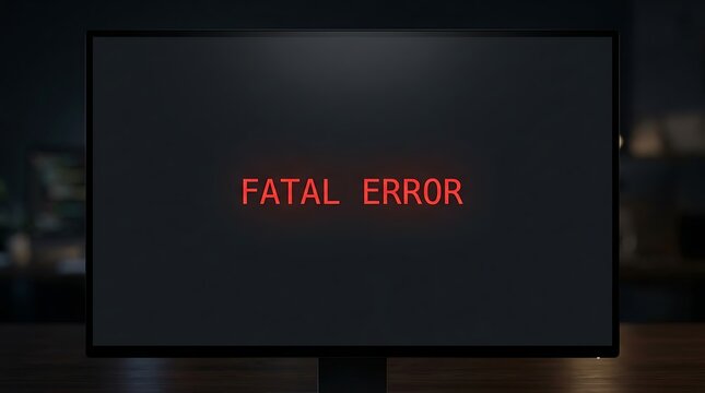 Fatal error text message displayed on a dark computer monitor screen in a dim office.