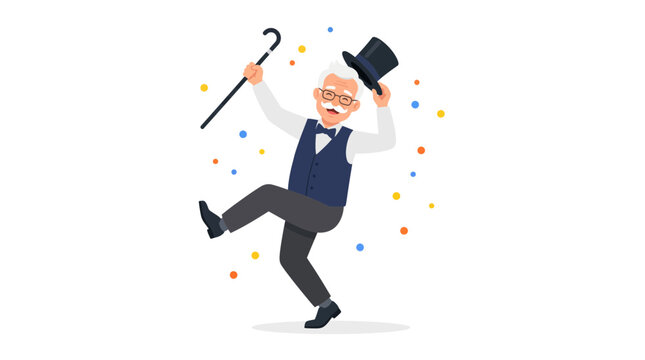Happy elderly gentleman in a suit dancing with a cane and confetti.