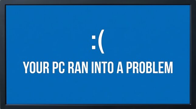 Blue computer screen showing a fatal system error message with a sad face icon.