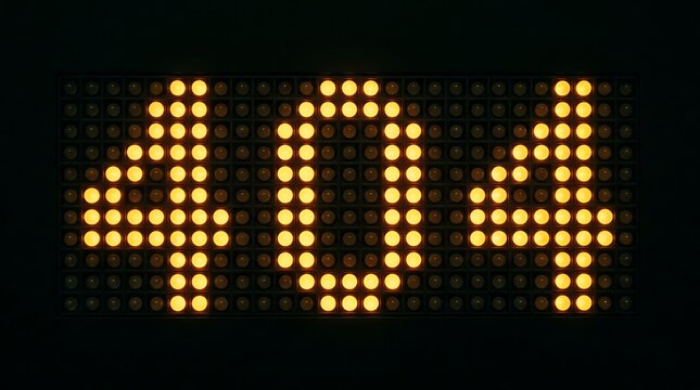 Bright yellow digital LED dot matrix sign showing the number 404 error message.