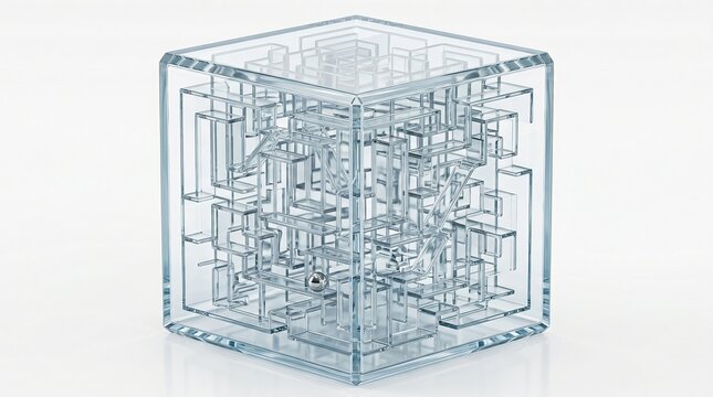 3D puzzle cube, transparent maze model, clear plastic labyrinth, isometric brain teaser