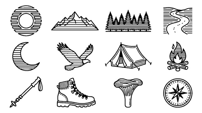 Outdoor Adventure and Camping Line Art Icon Set Featuring Mountains Tent and Hiking Gear.