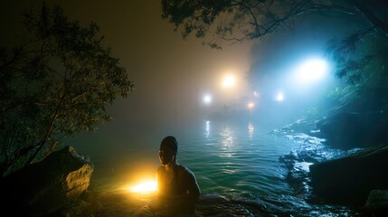 Fototapeta premium Mysterious Waters: A Swimmer Illuminated in Foggy Ambiance