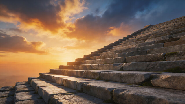 Stone steps under sunset sky