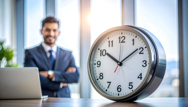 Close-up of a large office clock with a businessman in the background, representing deadlines, scheduling, efficiency, and corporate success.