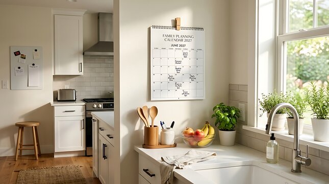 Kitchen counter with sink, faucet, fruit bowl and hanging family calendar showing june 2027 events.