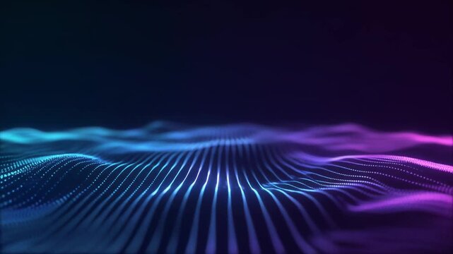 ダークな背景で滑らかにうねる光るデジタルテクノロジーラインの抽象的な波