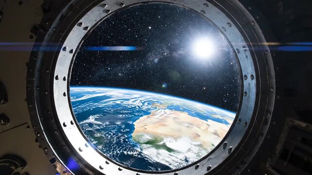 Earth view from a circular space station porthole.