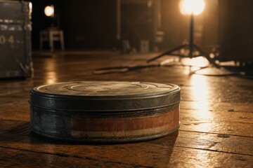 Obraz premium Vintage metal film reel canister sitting on a rustic wooden floor with warm stage lighting in a dark studio background