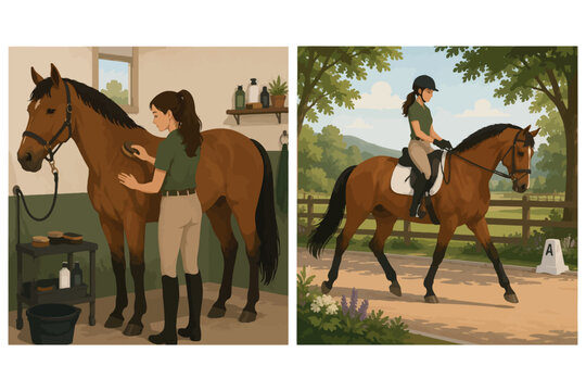 Equestrian woman grooming horse in stable and riding outdoors