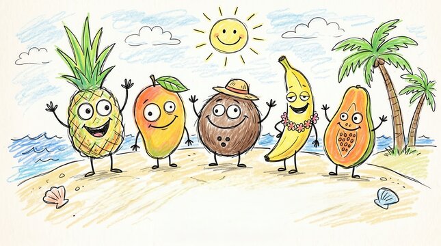 Five cartoon fruits wave on a sunny beach, smiling under a happy sun near palm trees