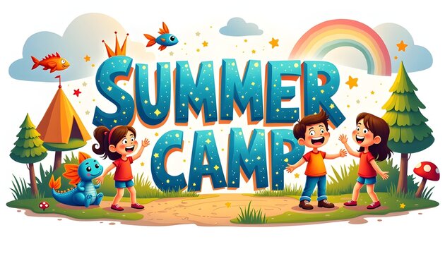 Happy cartoon sun with sunglasses and beach elements on summer camp text logo illustration
