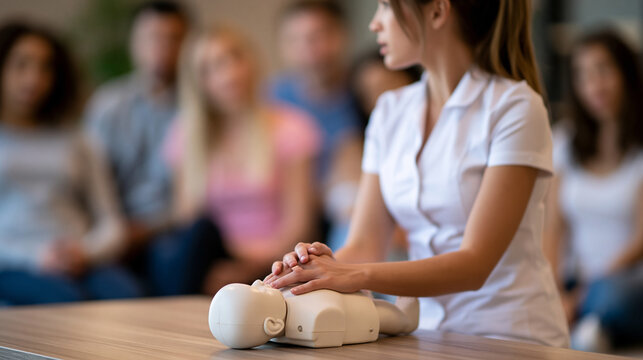 Faceless nurse in a white medical uniform teaching a group of adults first aid and demonstrating CPR using a baby training dummy, pediatric resuscitation focus, defocused training