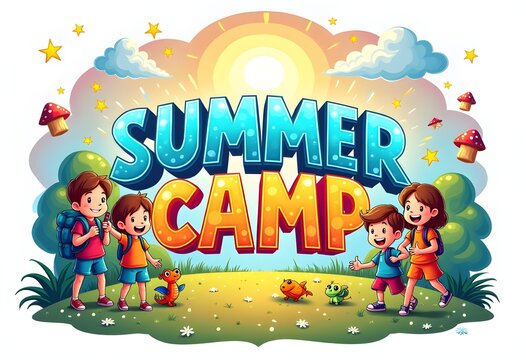 Playful seaside doodle art and text logo for youth summer camp beach workshop or activities
