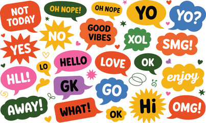 Vibrant set of hand-drawn speech bubbles and comic clouds with social media slang and fun greetings on clean white backgrounds. © AKANDA