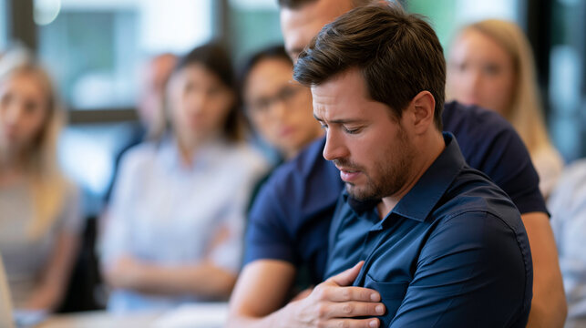 Faceless young man choking with a male instructor performing abdominal thrust maneuver behind him, group of observers watching attentively, defocused training room in background,