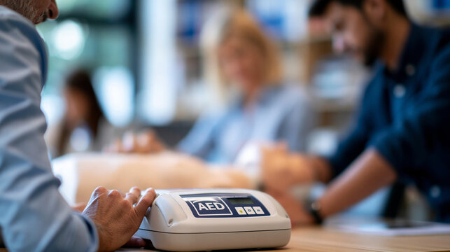 CPR training workshop scene showing faceless participants demonstrating chest compressions and proper use of an automated defibrillator on a training mannequin, defocused workshop